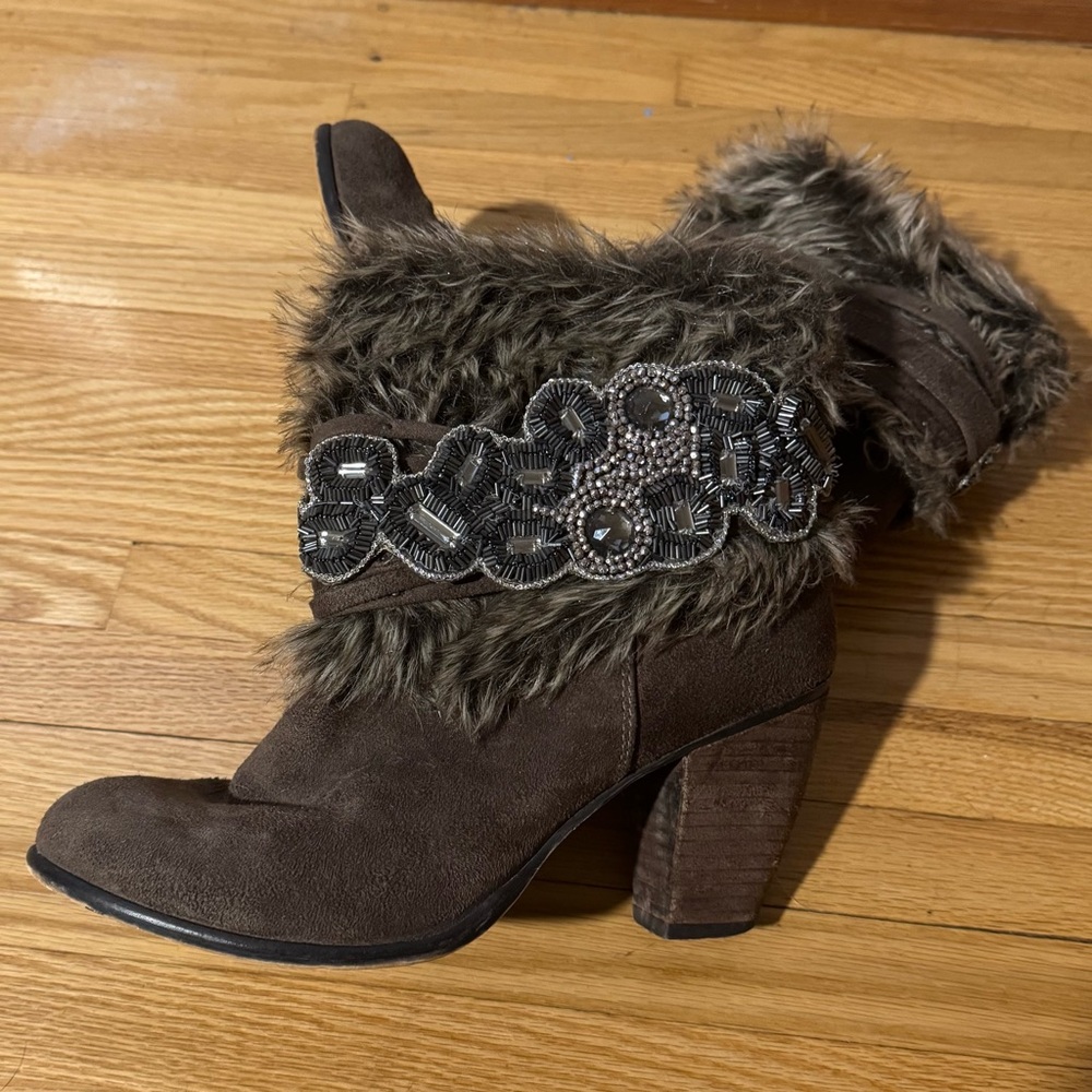 Buckle Faux Brown Fur-Trimmed Ankle Boots